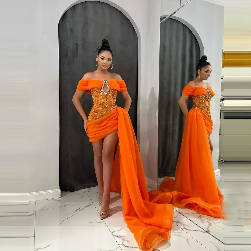 Orange Tulle Prom Dresses With Train Strapless Cap Sleeves Beaded Short Evening Dressing Gowns Party Dress