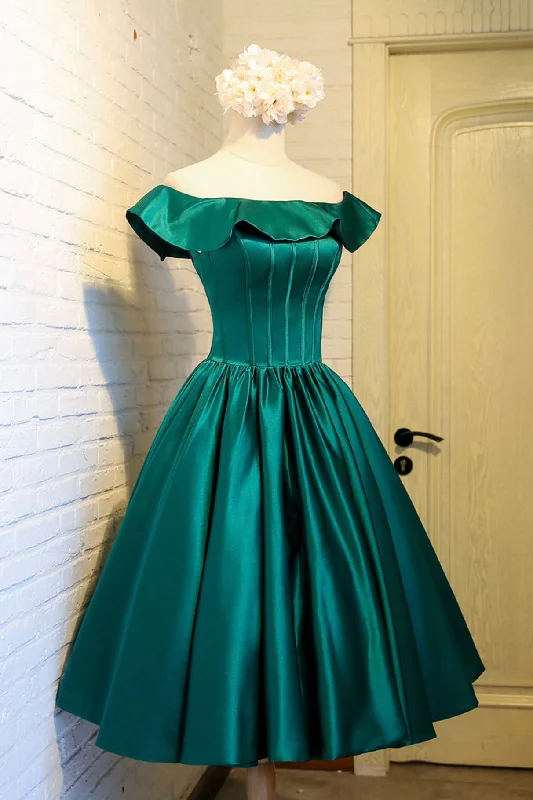 Act Fast Green Satin Short Prom Dress, A-Line Off the Shoulder Evening Party Dress