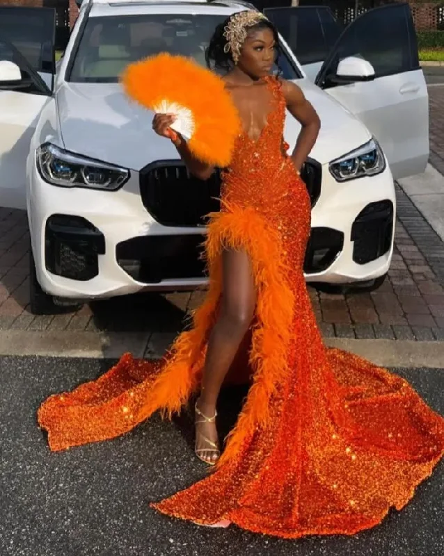 Orange Sparkly African Evening Reception Dresses for Women Luxury Diamond Crystal Feather Slit Prom Gown vestidos de fiesta